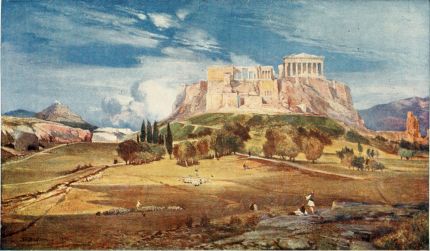 THE WESTERN END OF THE ACROPOLIS SEEN FROM BELOW THE PNYX

The position of the Propylæa, the magnificent gatehouse of Pentelic
marble designed by the architect Mnesicles, is admirably shown in this
drawing. All the five doorways, which were closed by doors of bronze,
are seen against the sky. Immediately to the left is the north wing (the
Pinacotheca); to the right the bastion surmounted by the little Niké
Temple. High above all rises the Parthenon. Coming down to the
foreground, we may note, on the right, the great supporting wall of the
Theatre of Herodes Atticus with the blue Hymettos behind it; and, to the
left, the pinkish coloured rock of the Areopagus, with Lycabettos
above.