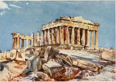 THE PARTHENON FROM THE NORTH END OF THE EASTERN PORTICO
OF THE PROPYLÆA (EVENING LIGHT)

The local colour of the rocky surface of the Acropolis intensifies the
long blue shadows. The effect of the golden-brown weathering of the
surface of the marble on the west front of the Parthenon is faithfully
given.