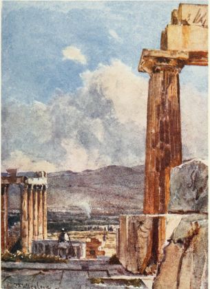 THE EASTERN PORTICO OF THE ERECHTHEUM, VIEWED FROM THE
NORTHERN PERISTYLE OF THE PARTHENON

The column to the right, with its strong golden-brown local colour,
warmed by the full morning summer sun, is the third column counting from
the north-east corner of the Parthenon. The blocks of marble which
conceal the lower part of the column form part of the pronaos wall.
The east portico of the Erechtheum is seen below to the left; behind are
the mountains of Daphni.