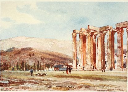 COLUMNS OF THE TEMPLE OF OLYMPIAN ZEUS FROM THE
NORTH-WEST

The delicate, rosy tint is characteristic of Hymettos at sunset. The
hill in front of Hymettos is Ardettos, above the Stadion. The time of
year is late in June.