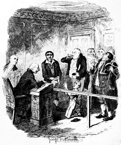 men standing in front of desk, Oliver on knees, one man behind lecturn