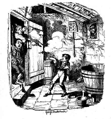 Oliver cowering in washroom with two men shouting at him in doorway