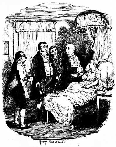 Oliver in bed with group of men standing round