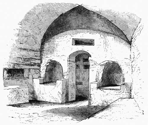 Illustration: Fig. 130.—Chamber in the Catacomb of St. Agnes, with
seats for Catechists and Catechumens.
