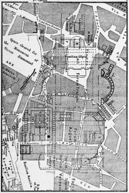 Plan of that part of Rome which contains the Imperial
Fora. Shaded parts are those covered by modern buildings.