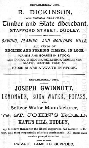 Adverts for R. Dickinson (Timber and Slate Merchant), Joseph Gwinnutt (Lemonade, Soda Water, Potass and Seltzer Water Manufacturer)