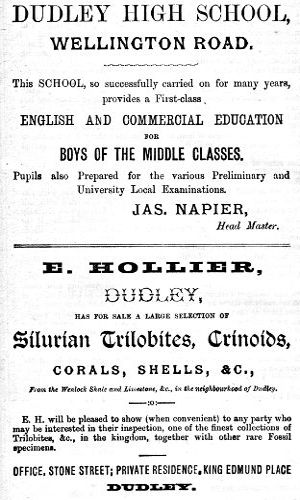 Adverts for Dudley High School, E. Hollier (has for sale a large selection of fossils)