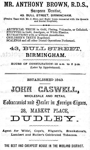 Adverts for Mr. Anthony Brown (Surgeon Dentist), John Caswell (Tobacconist)