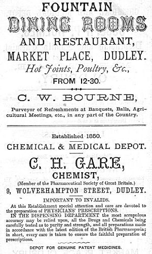 Adverts for Fountain Dining Rooms and Restaurant, C. H. Gare (Chemist)