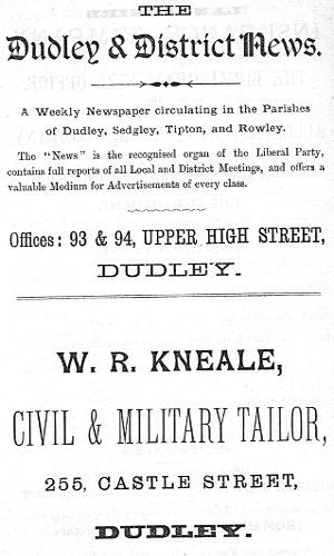 Adverts for The Dudley & District News, W. R. Kneale (Civil & Military Tailor)