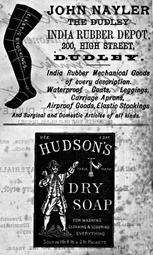 Adverts for The Dudley India Rubber Depot, Hudson's Dry Soap