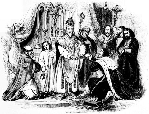 King kneeling before bishop