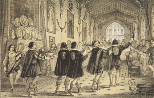men in cloaks and tights walking into banqueting hall, one is carrying the platter