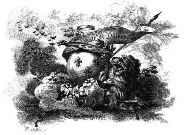 Fleuron on the title-page of volume i of “Histoire de la maison de Bourbon” by Désormeaux, 1779-1788.