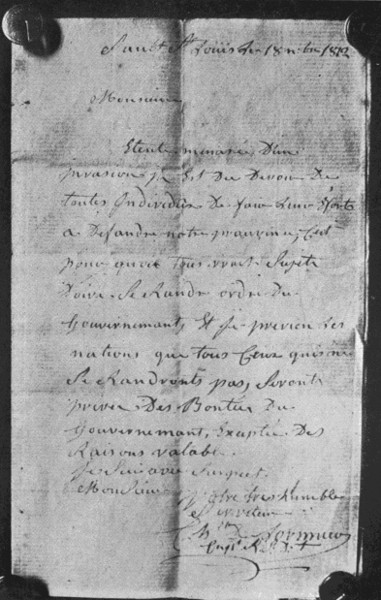 LETTER OF DE LORIMIER (1812)
