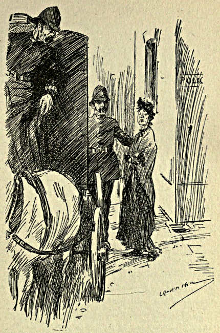 Woman exiting police station into a hackney carriage