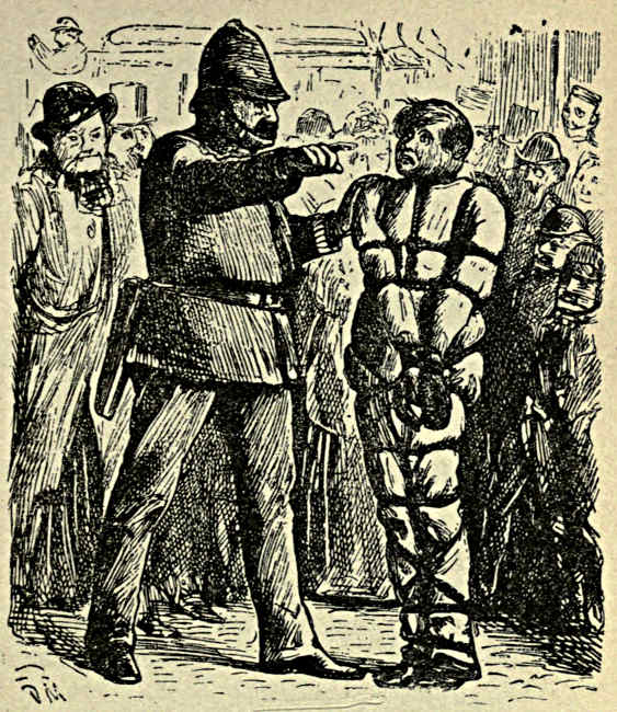 Policeman accosting straitjacketed street performer