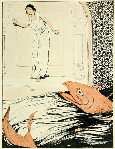 Girl throwing stone at fish