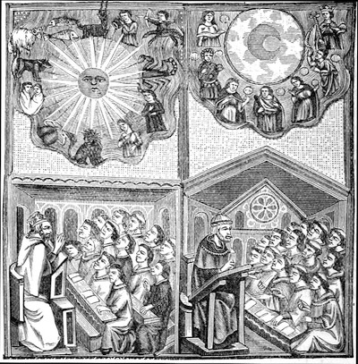 Two pictures of Saints(?) preaching to monks below images
of day and night sky