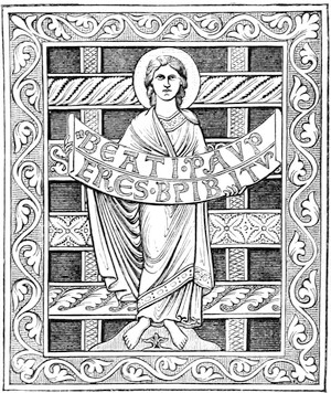 Image of Saint (or Christ) with scroll reading BEATI PAUPERES SPIRITU