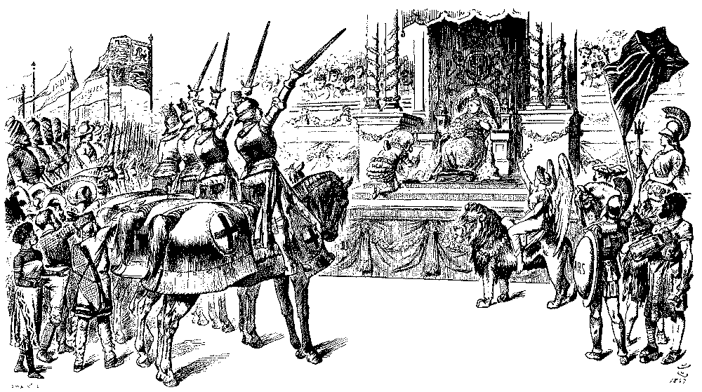 Image of Plundering and Blundering, cartoon of Gladstone as a pilgrim  weighed