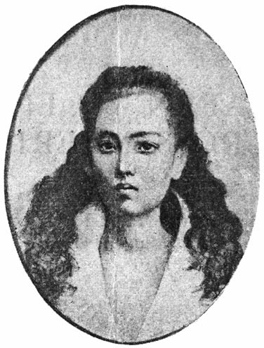 Crayon portrait of Rizal’s cousin, Leonore Rivera, to whom he was engaged. The drawing was made in 1882, just before he sailed for Spain. During his absence, his letters were kept from her and she was told that Rizal had forgotten her in the gay life of Europe. This was done because her mother’s advisers thought Rizal’s political ideas made him unsuitable for a husband. Leonore finally consented to the marriage urged upon her instead, and when too late, through Rizal’s return in 1887, learned how she had been deceived. She died not long afterwards, of a broken heart, it was said.