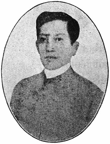 Rizal at 27. From a Hongkong photo. Taken just after Governor-General Terrero, who admired the author of Noli Me Tangere, had advised Rizal to leave the Islands to escape enemies so powerful that even his protection might not insure safety. Rizal had dared to help the Kalamba tenants to answer fully and truthfully inquiries which the Government had made regarding their landlords