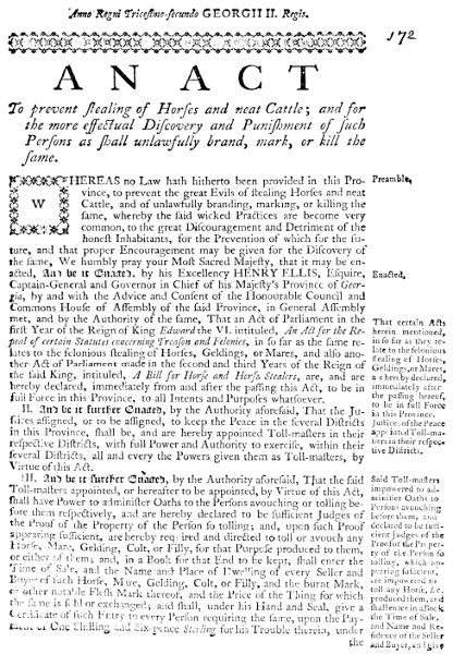 An Act to Prevent Stealing of
Horses and Neat Cattle; and for the More Effectual
Discovery and Punishment of Such Persons
as Shall Unlawfully Brand, Mark, or Kill
the Same. Printed by James Johnston.