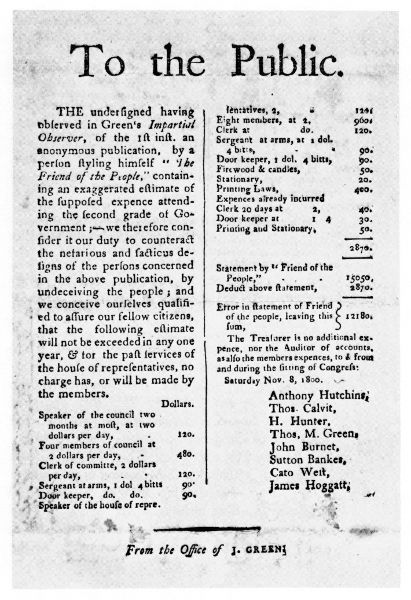 "To the Public," dated November 8, 1800