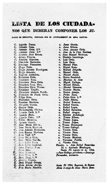Lista de los ciudadanos que deberan componer los
jurados de imprenta, formada por el Ayuntamiento de este capital