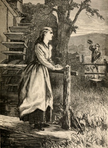 woodcut, women near water wheel