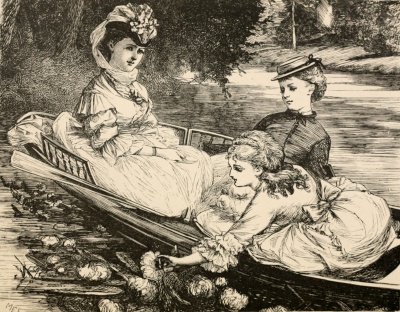 three women in boat picking waterlilies