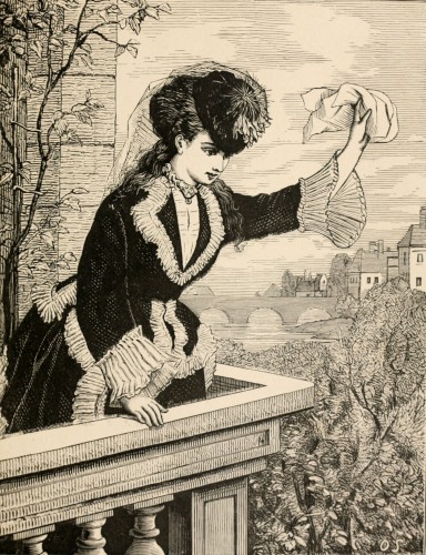 woman on balcony waving handerchief