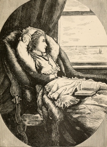 woman, open book on lap, gazing out of window