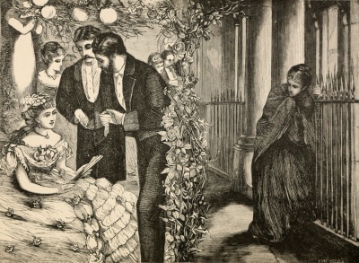 split image, left side woman being courted by two men, right a woman outside alone and cold