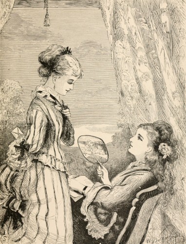 two women, one sitting holding mirror and book, other standing looking at her