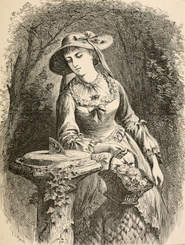 woman holding basket of flowers, leaning on sun dial