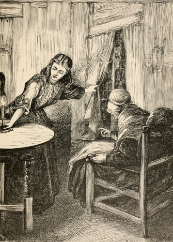 woman putting lit candle on table next to old seated woman while holding curtain