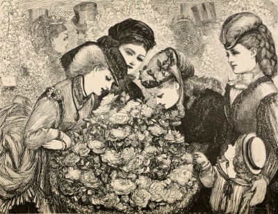 four women looking at arrangement of roses