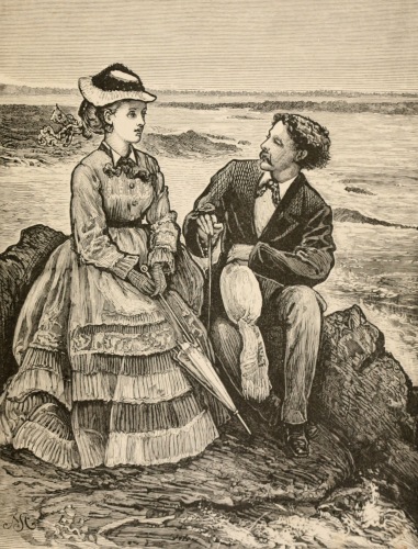 woman and man sitting on rocks at sea shore