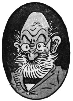 Cartoon drawing of bald man with egg-shaped head and full white beard