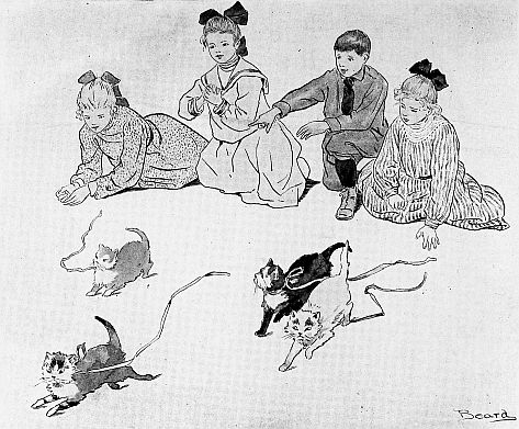 drawing of four children watching four kittens with  ribbons tied round their necks race