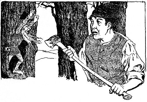 Man holding ax looking at male fairy in tree trunk