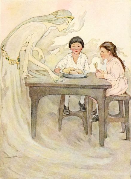 fairy leaning over two children sitting at table