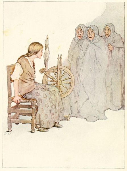 girl sitting by spinning wheel, three women in long cloaks watching her