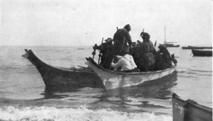 WATERMAN&mdash;CANOES

PL. III

TWO SUQUAMISH “WAR CANOES” LASHED TOGETHER AND CARRYING A PLATFORM OF
POLES

This device was used in transporting house-planks and for moving large
quantities of effects from one site to another. (Photographed at
Suquamish, Washington, 1913.)