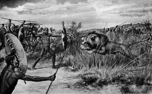 Men hunting lion, one man confronting lion with shield.