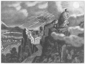 Moses praying on Mount Sinai.

From an old print