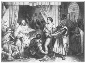King Richard generously forgives Bertrand de Gurdun, who
had attempted to assassinate him.

From the painting by John Cross