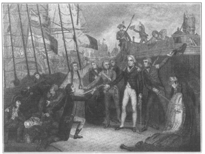 Nelson receiving the sword of the Spanish admiral
surrendered after a naval battle in the war of 1797.

From the painting by David Neal